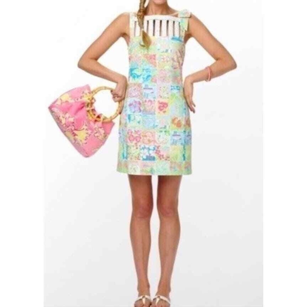Lilly Pulitzer Ricci Shift Dress State of Mind Printed Patch sz 0 Cut Outs Bow